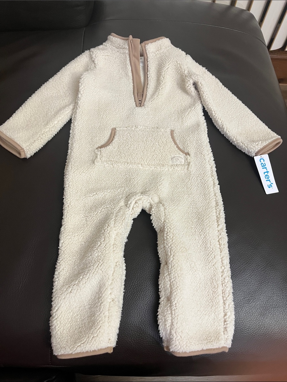 Carter's Cream Sherpa Footed-Style One-Piece with Tan Trim